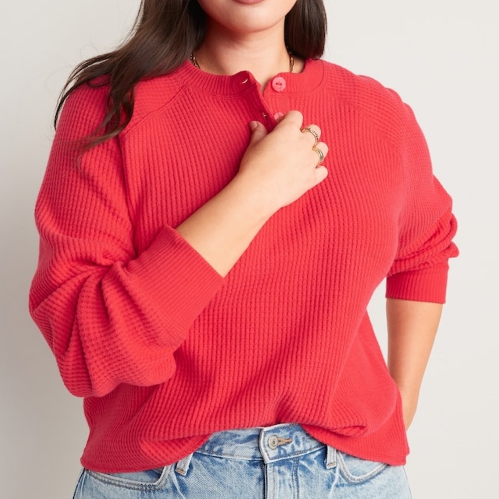 Thermal-Knit Raglan-Sleeve Henley T-Shirt for Women